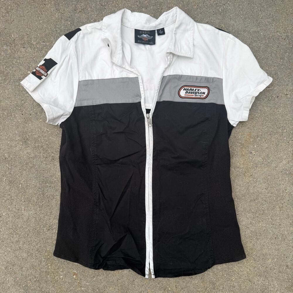 Harley Davidson Motorcycles Zip Front White Black Pit Short Sleeve Shirt LARGE